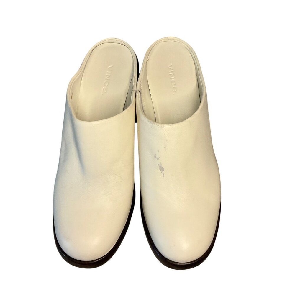 Vince Cream Leather Mules Clogs 7.5 Chunky Wood Heel Slip-On winter white - Picture 4 of 13